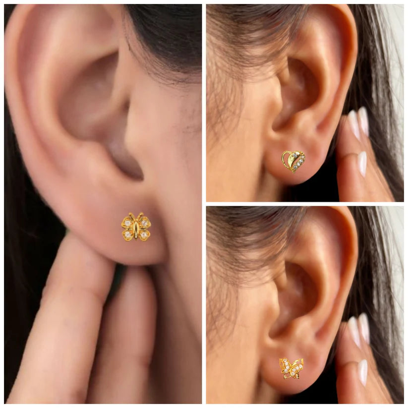 "gold butterfly & heart stud earrings ad for women and girls combo pack of 3